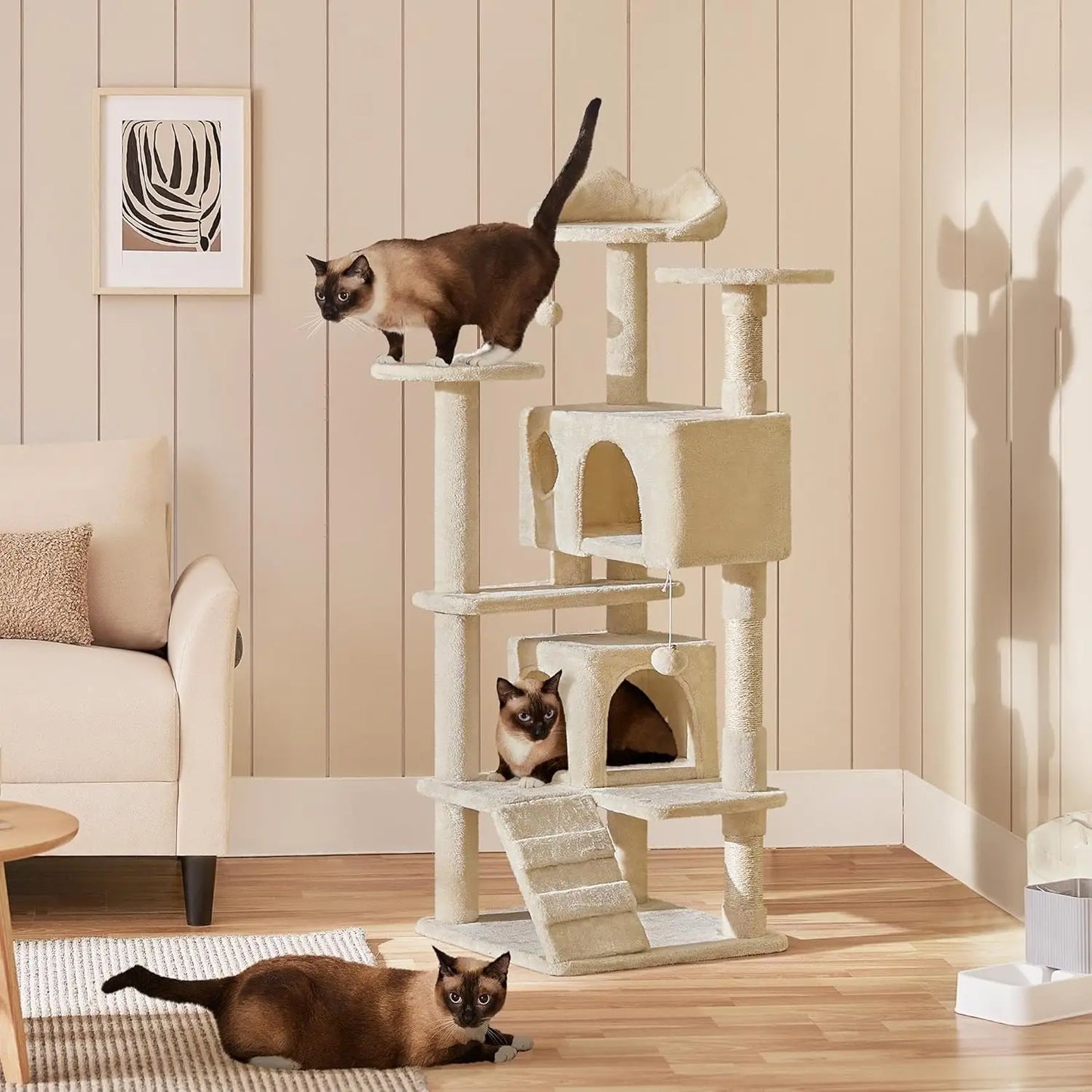 54 Inch Cat Tree Tower for Indoor Cats, Multi-Level Cat House with Scratching Posts, Hammock & Hanging Toys, Heavy Duty