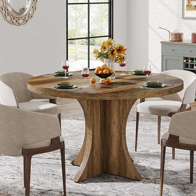 Round Dining Table for 4-6, 47.24-Inch Farmhouse Kitchen Table, Wood Dining Table with Pedestal Base, Small Dinner Table for Di