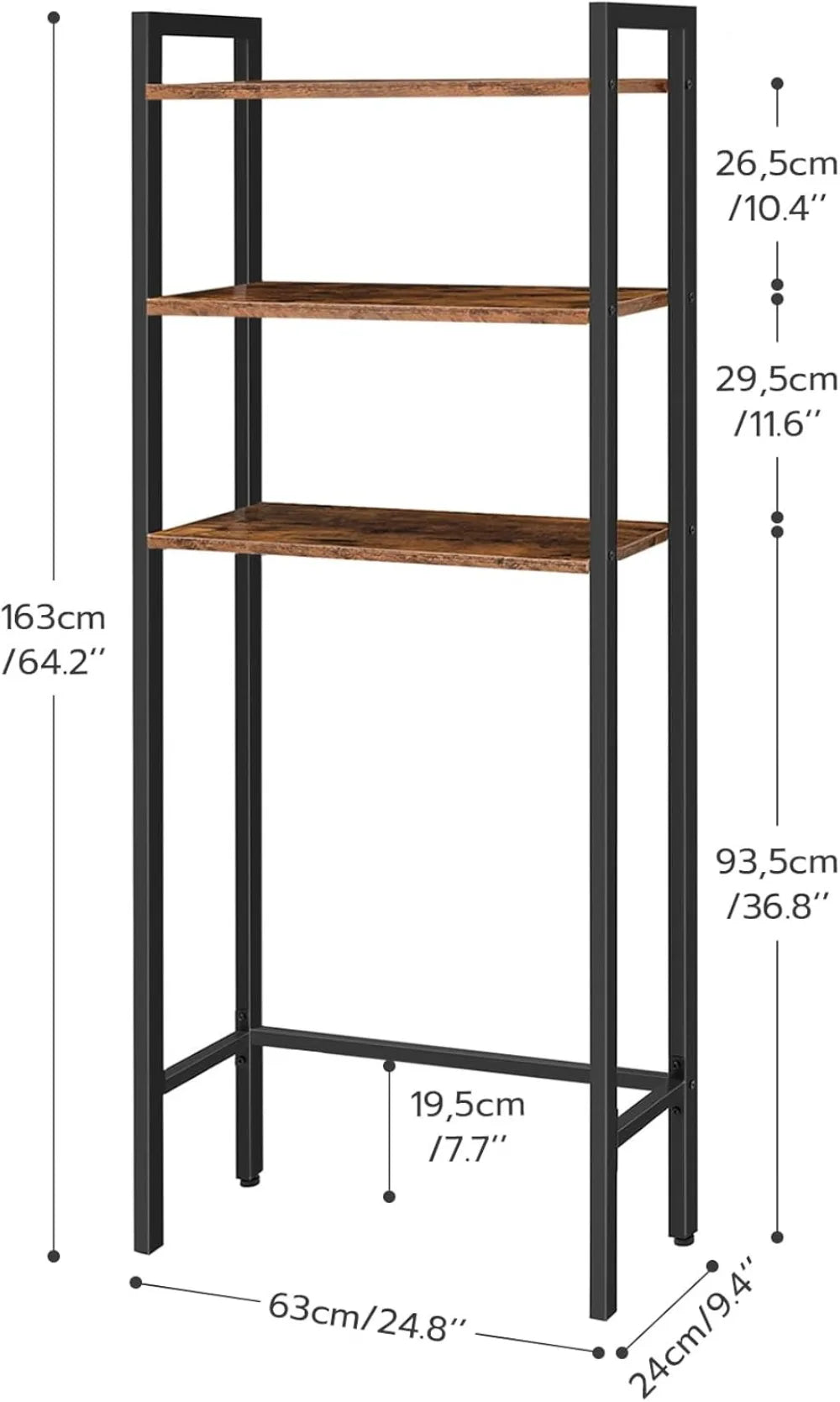 3-Tier Over Toilet Storage Shelf, Freestanding Bathroom Organizer with Rustic Brown Finish, Space Saver for Small Rooms