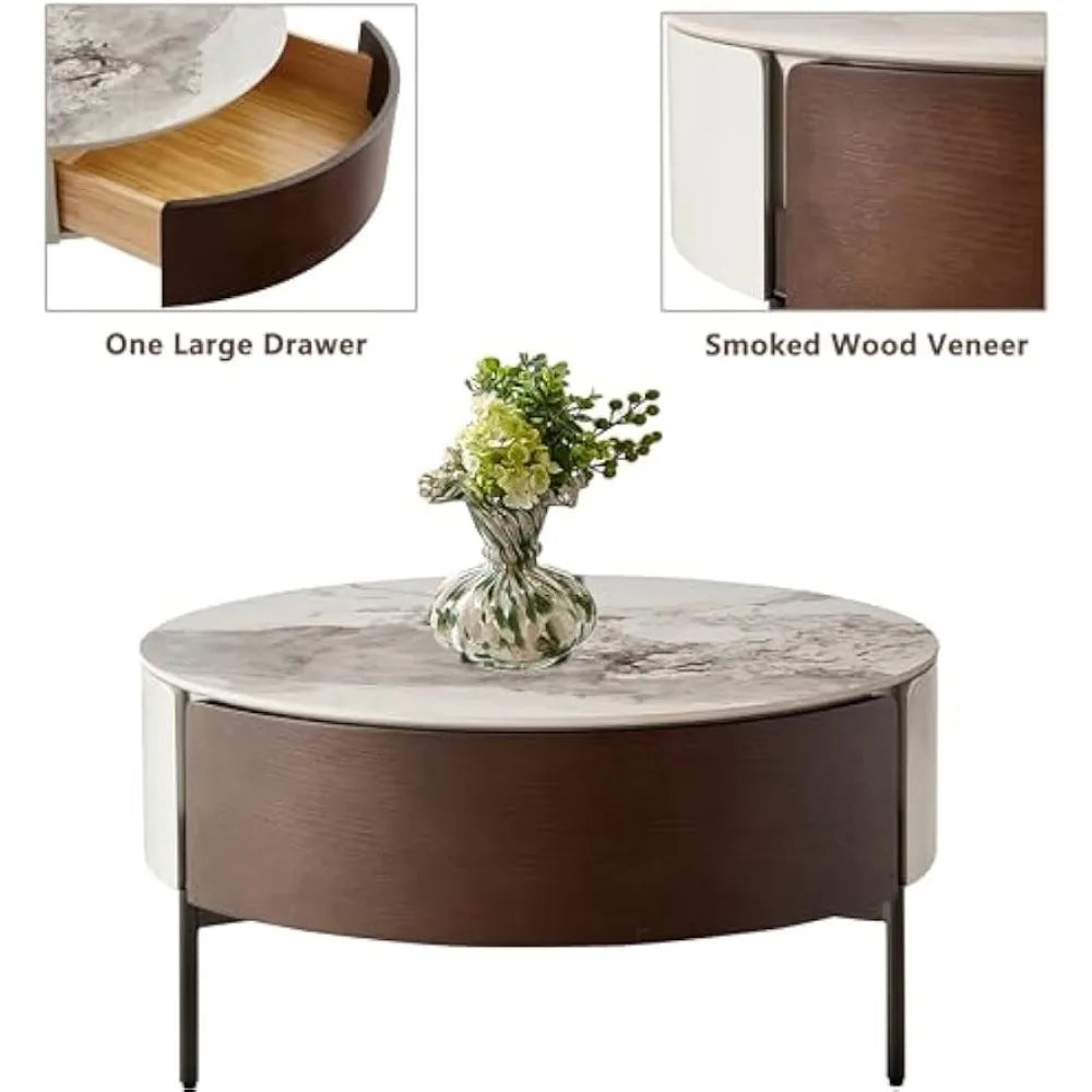 31.5 Inch Round Marble Coffee Table with Walnut Brown Drawers & White Sintered Stone Top, Modern Living Room Center Table Black