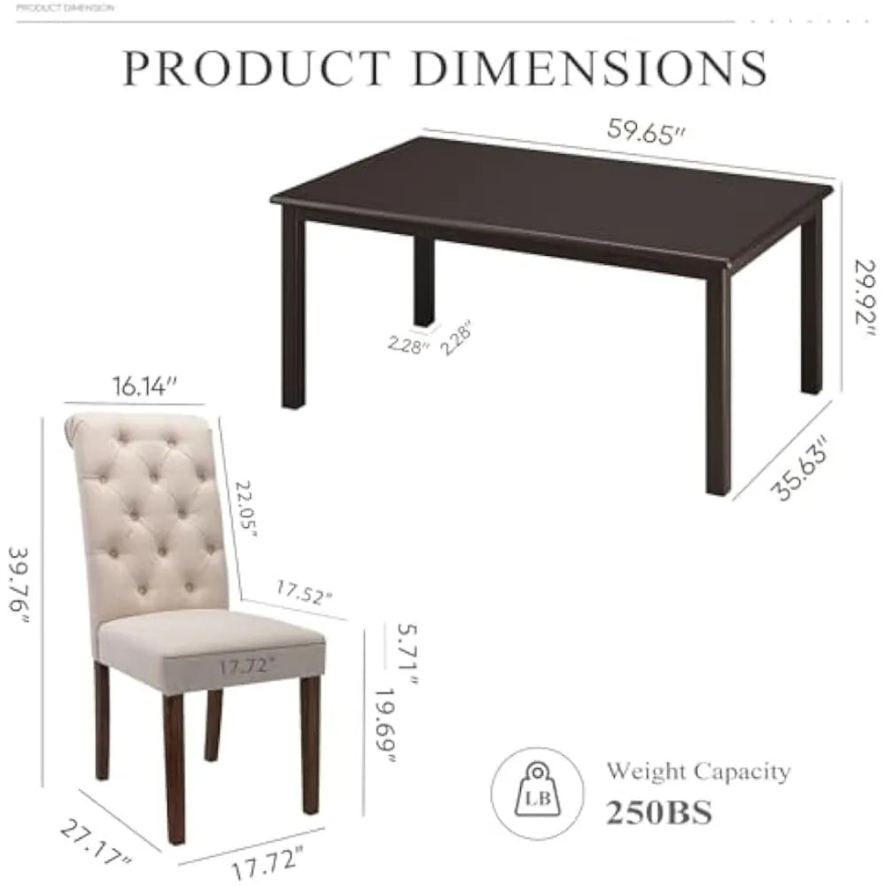 7-Piece Dining Table Set for 6, 60" Rectangular Wooden Kitchen Table with 6 Tufted Dining Room Chairs, Brown/Beige