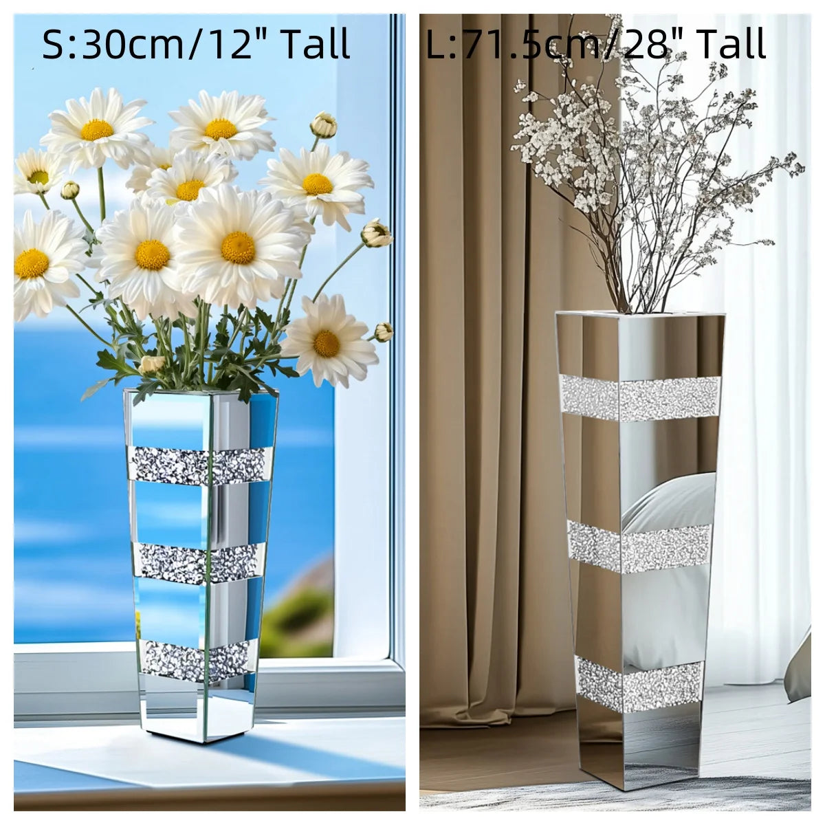 28” Tall Decorative Crystal Silver Floor Flower Vase Standing Mirrored Flower Vase Floral Arrangement Vase
