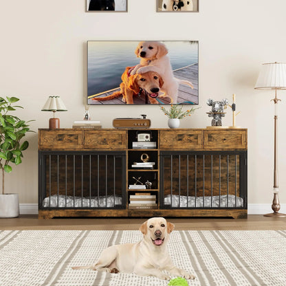 82'' Large Double Dog Crate Furniture TV Stand With 4 Drawers Shelves Heavy Duty Wooden Indoor Kennel For 2 Medium Large Dogs