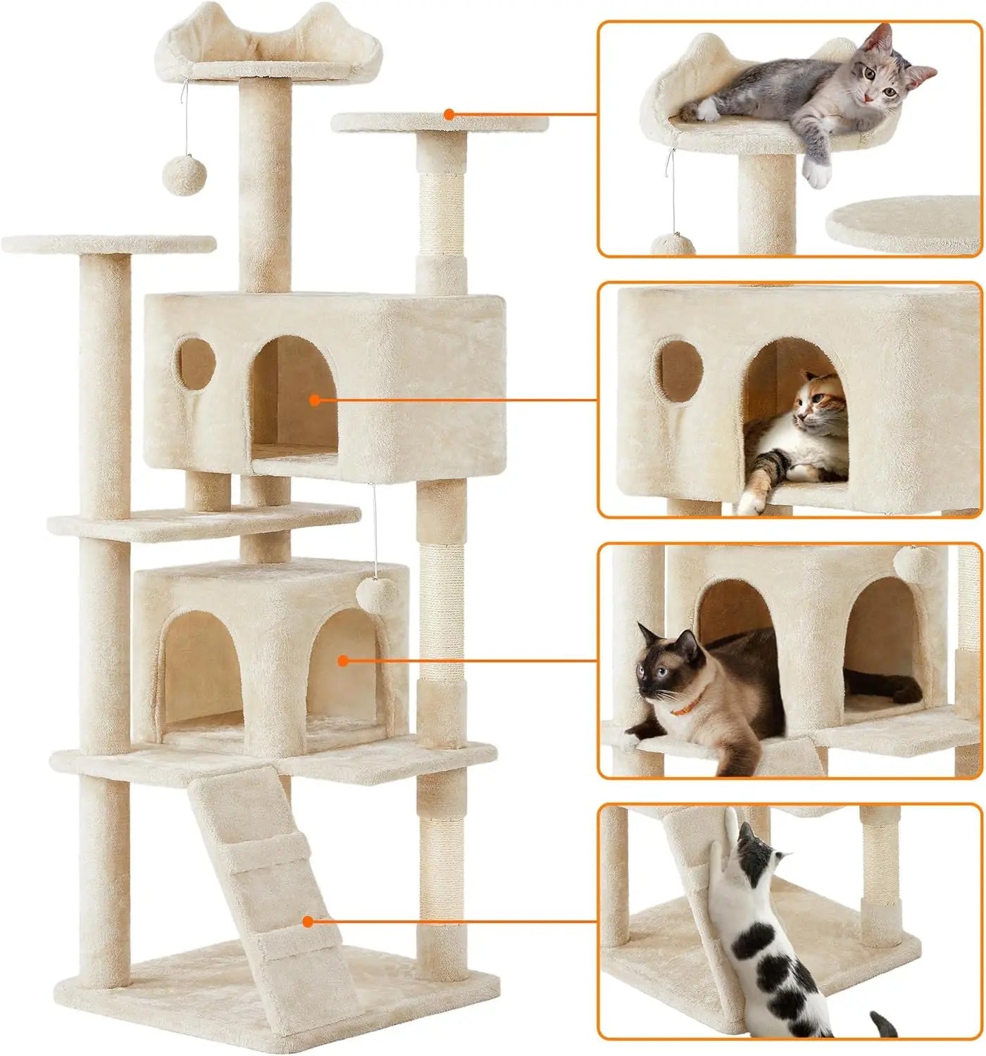 54 Inch Cat Tree Tower for Indoor Cats, Multi-Level Cat House with Scratching Posts, Hammock & Hanging Toys, Heavy Duty