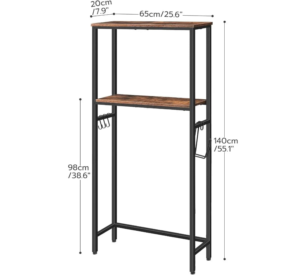 2-Tier Over Toilet Storage Shelf with Paper Holder & Hooks, Rustic Brown Bathroom Organizer Space Saver for Small Rooms