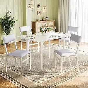 Dining Table Set for 4, Extendable Kitchen Table Cushion Chairs Set of 4, Rectangle Dining Table with Metal Frame & MDF Board, F