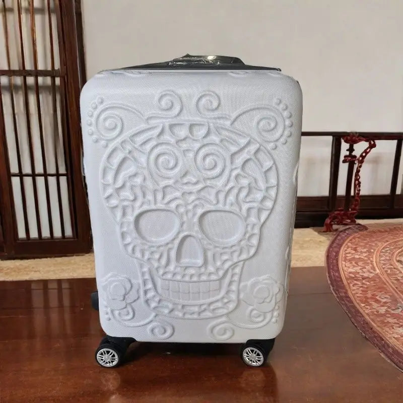 20 inc Black Skull Cabin Rolling Luggage Carry On Size Spinner Hardside Trolley Suitcase On Wheels