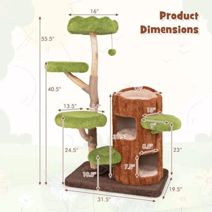 55 Inch Wood Cat Tree Multi-Level Tower for Indoor Cats with Double Decker House Scratching Posts Sisal Board Soft Padded Platf