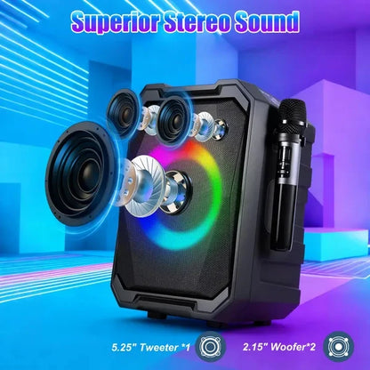 Portable Wireless Party Speaker With LED Light 2 Wireless Mics Remote Control TWS Music Accompany Mic. Priority Bass