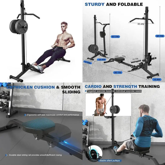 Dual-Function Folding Rowing Machine with Adjustable Lat Pulldown and Low Row Cable Exercise Equipment