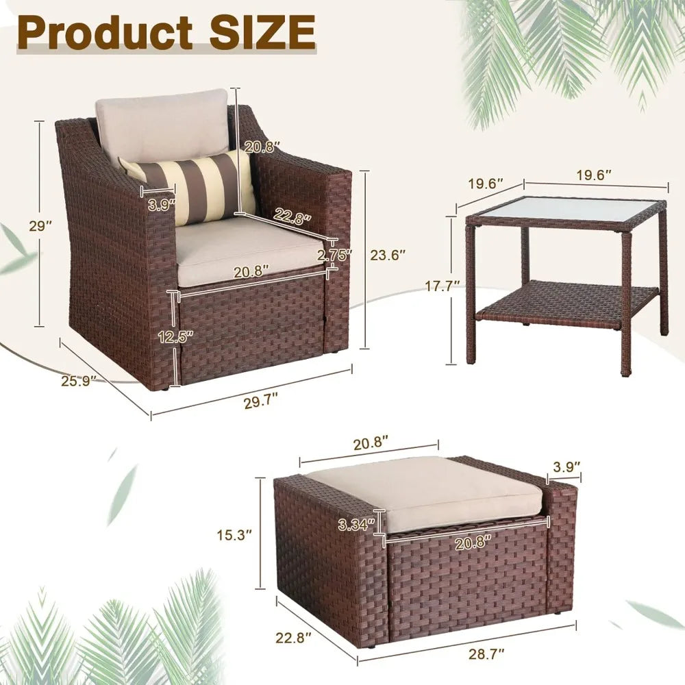 5 Piece Patio Conversation Set Outdoor Furniture Set, Brown Wicker Lounge Chair with Ottoman Footrest, W/Coffee Table & Cushion