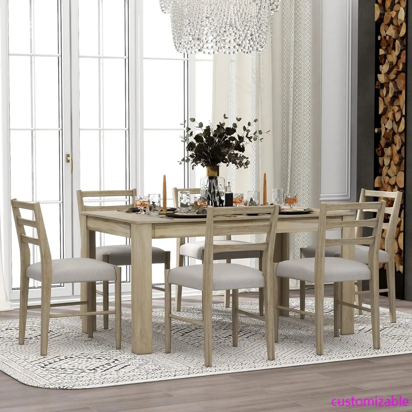 7 Pieces Wooden Dining Table Set Rectangle Extendable Table with 12” Leaf and 2 Drawers, 6 Dining Chairs with Soft Cushion