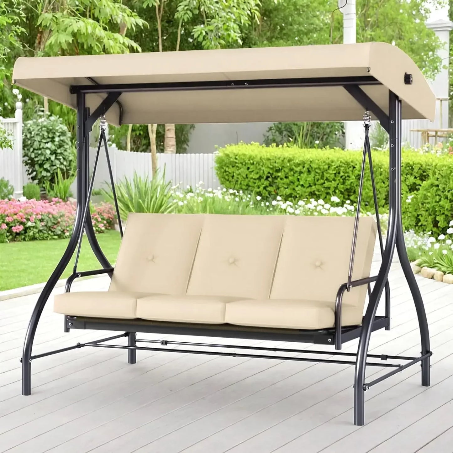 3-Seat Outdoor Patio Swing Chair with Adjustable Canopy And Backrest Adult Porch Swing Bed Thickened for Garden Backyard