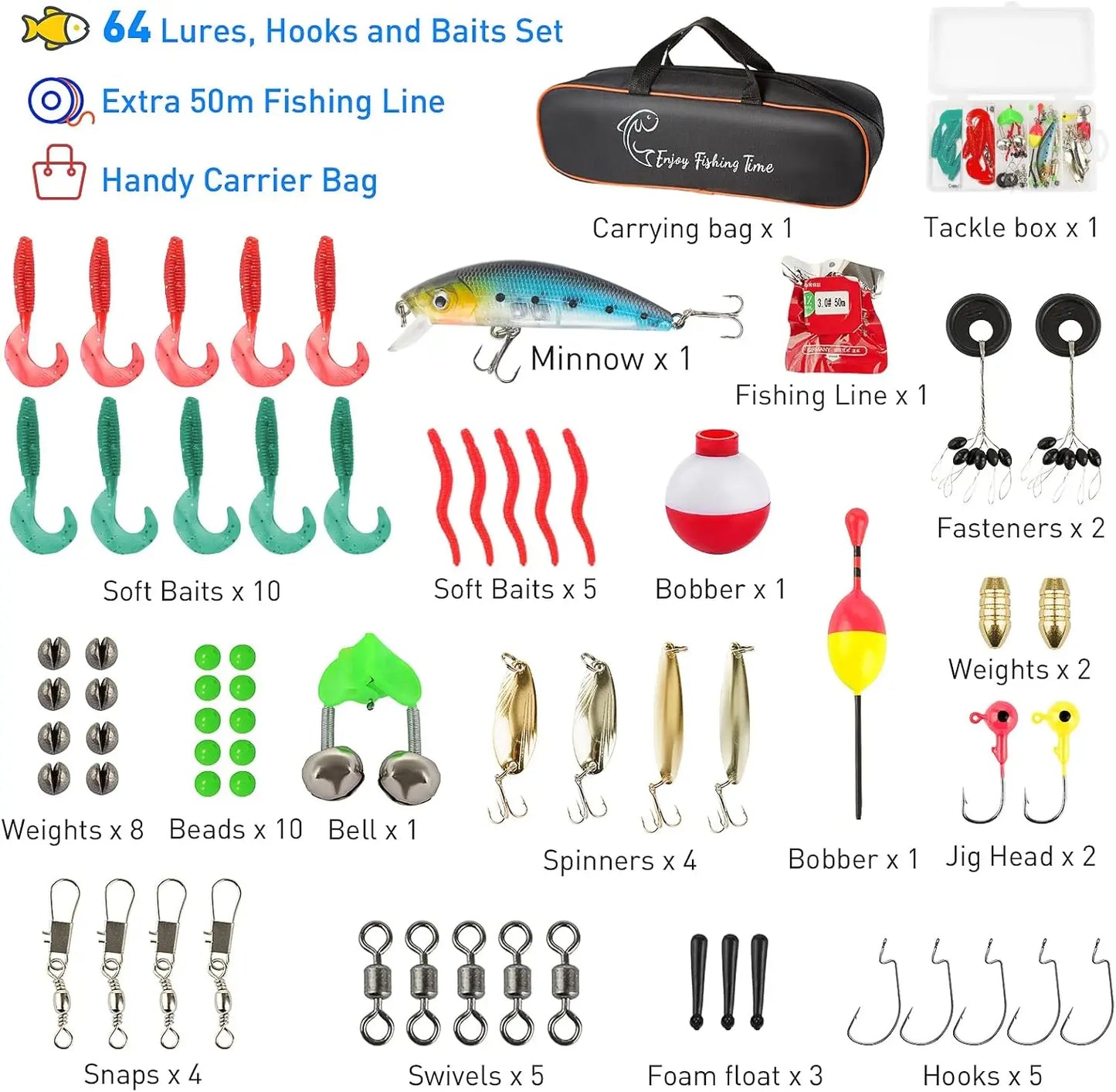 59'' Telescopic Fishing Rod and Reel Combo with Tackle Box, Carrier Bag for Beginners