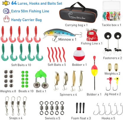59'' Telescopic Fishing Rod and Reel Combo with Tackle Box, Carrier Bag for Beginners