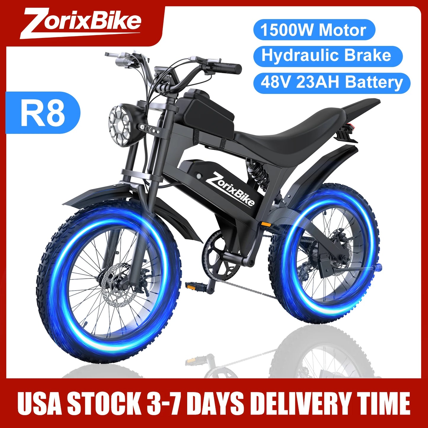 ZorixBike R8 Pro Electric Off-Road Bike 20x4" 3000W 35Mph 80Mile 48V 23Ah,7 Speed Wide Tire All Terrain E-Bike For Adult
