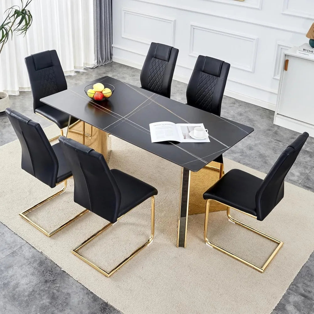 7 Pieces Dining Table Set,63" Marble Kitchen Room Table with 6 Black Chairs,Rectangle Sintered Stone Top with Gold Legs