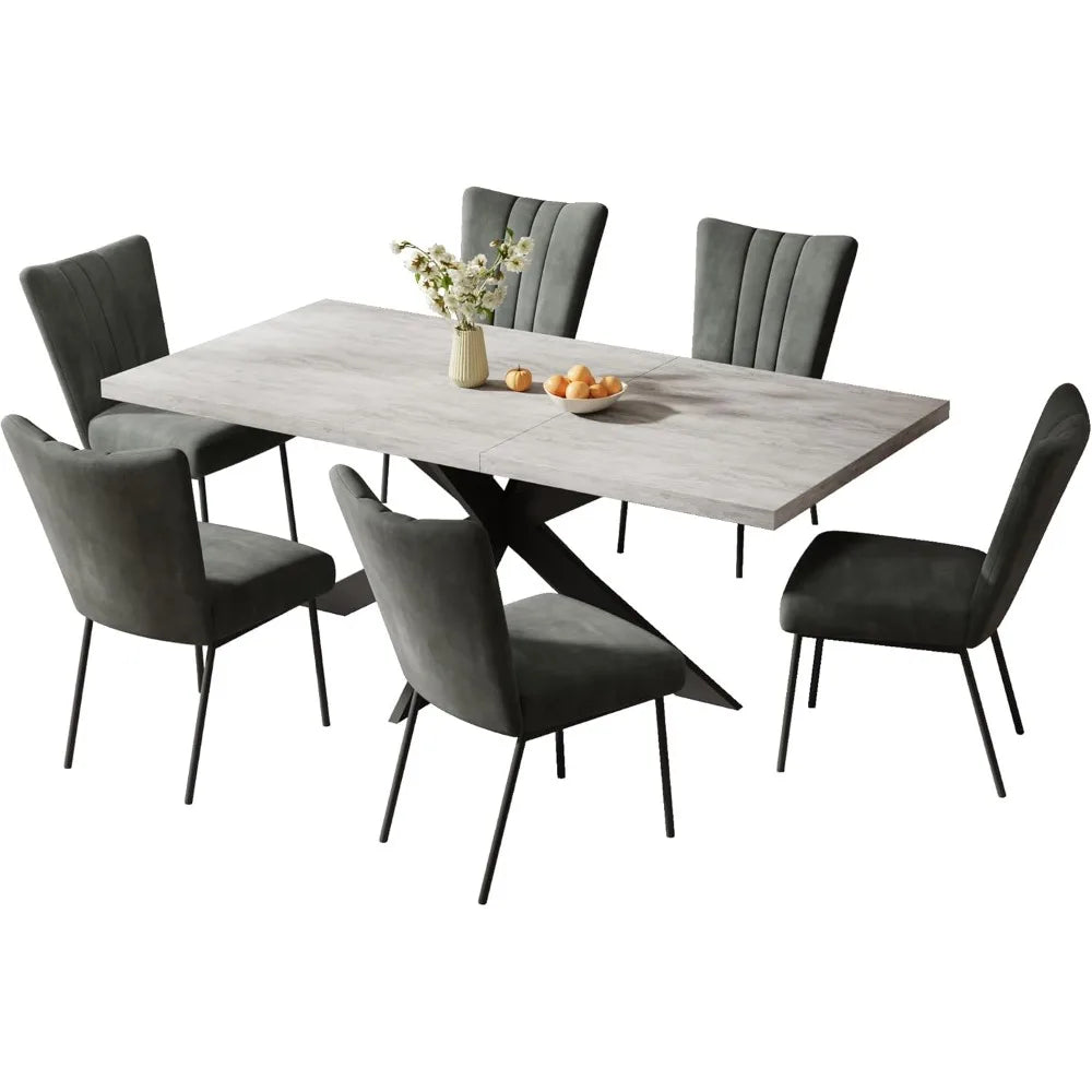 6-Piece Extendable Dining Table Set, Modern 51''–67'' Grey Wood Table with 6 Black Fabric Chairs, Dining Room Table and Chairs