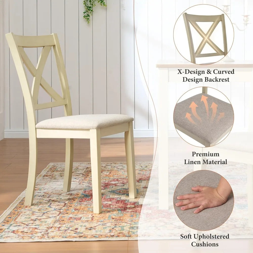 7-Piece Solid Wood Farmhouse Dining Table Set with 6 Upholstered Chairs, 60 Space-Saving Dinner Table and Chairs Set