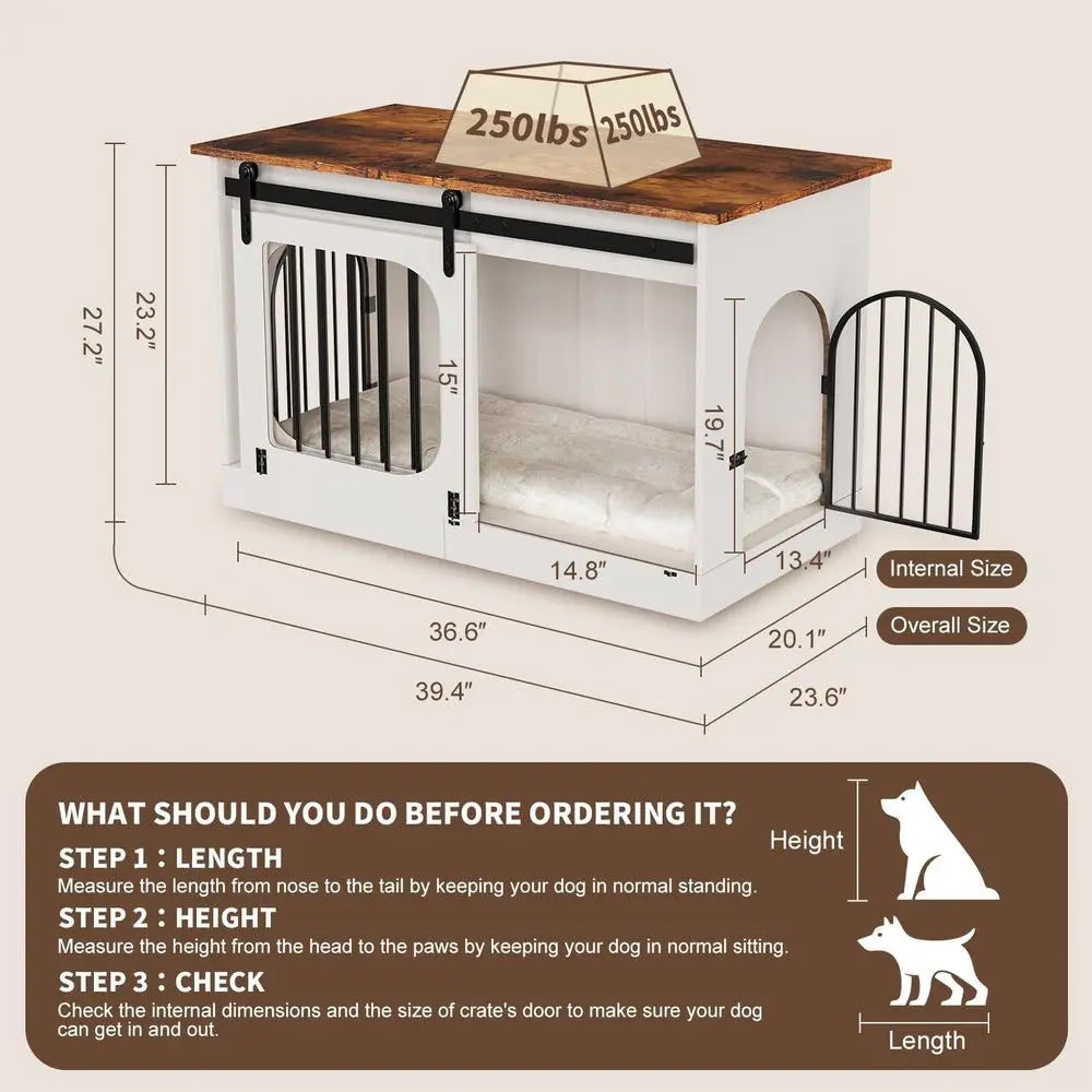 XL Dog Kennel urniture,39.4 Inch armhouse Crate urniture with Cushion Decorative White Dog Kennel Indoor Thick Wooden Pet House