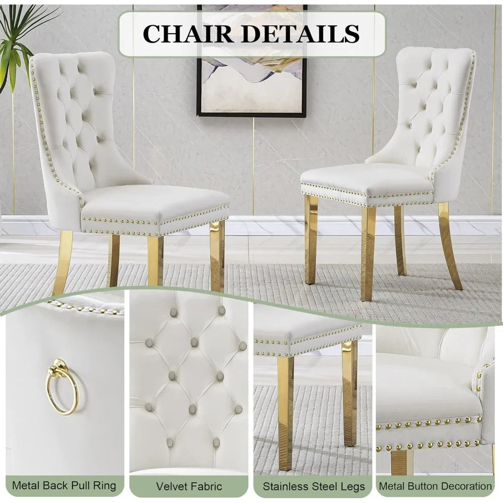 7-Piece Dining Room Set, 63" Gold Rectangular Glass Kitchen Table with 6 Beige High Back Chairs, Modern Glass Dining Table Set f