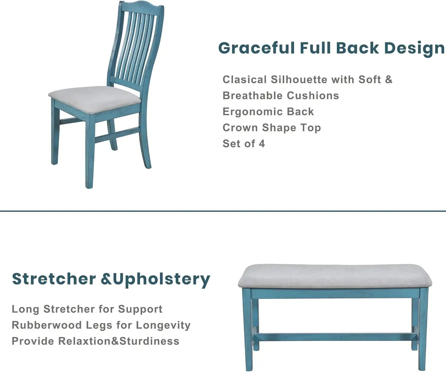 Dining Table Set for 6 with Chairs Blue, 6 Piece Kitchen Table and Bench Set with Storage Drawers, Farmhouse Table with Bench