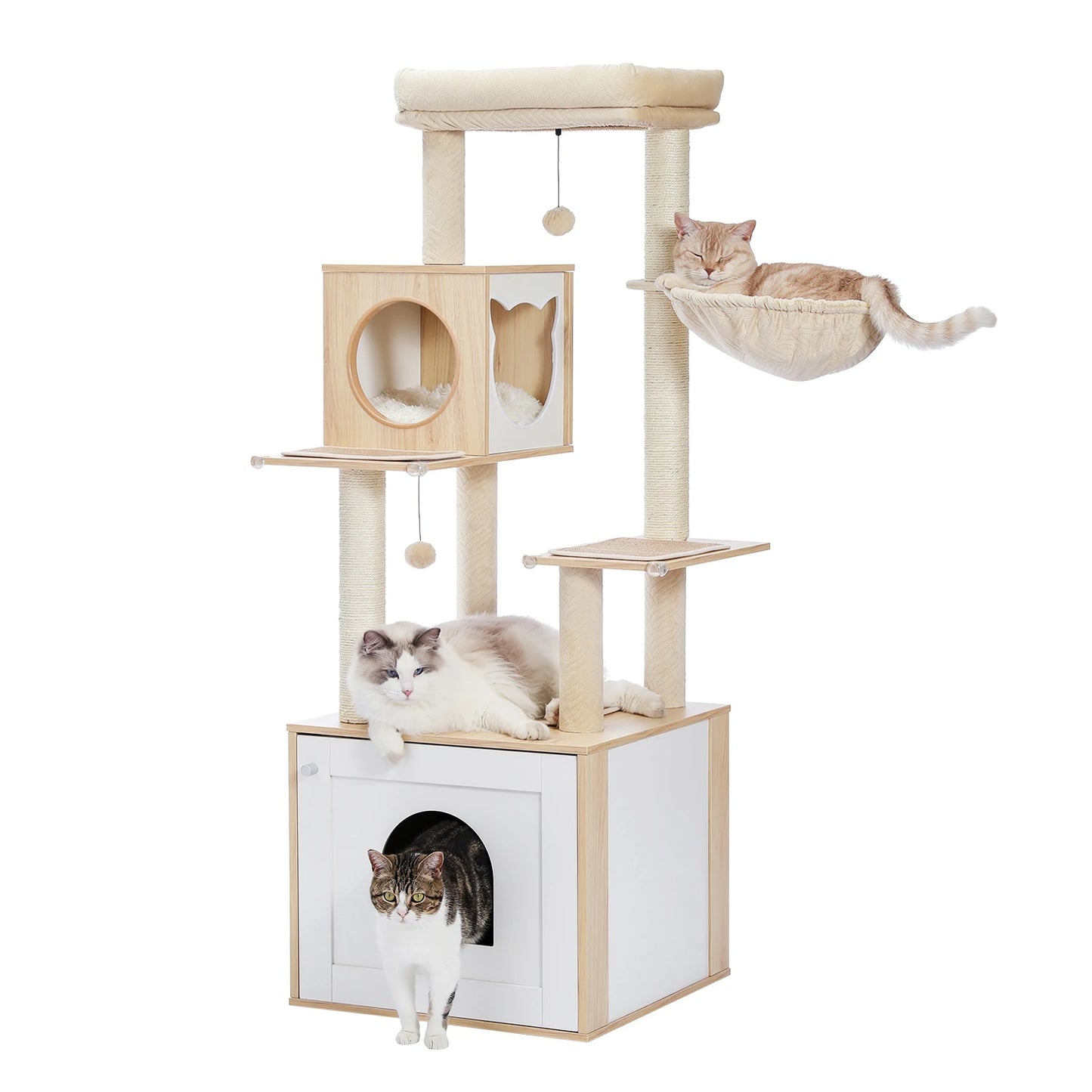 Cat Tree Tower Litter Box Wood Structure Storage with Hammock,Comfy Condo,Anti-Slip Mat,Large Cabinet,Big Platform,Sisal Posts