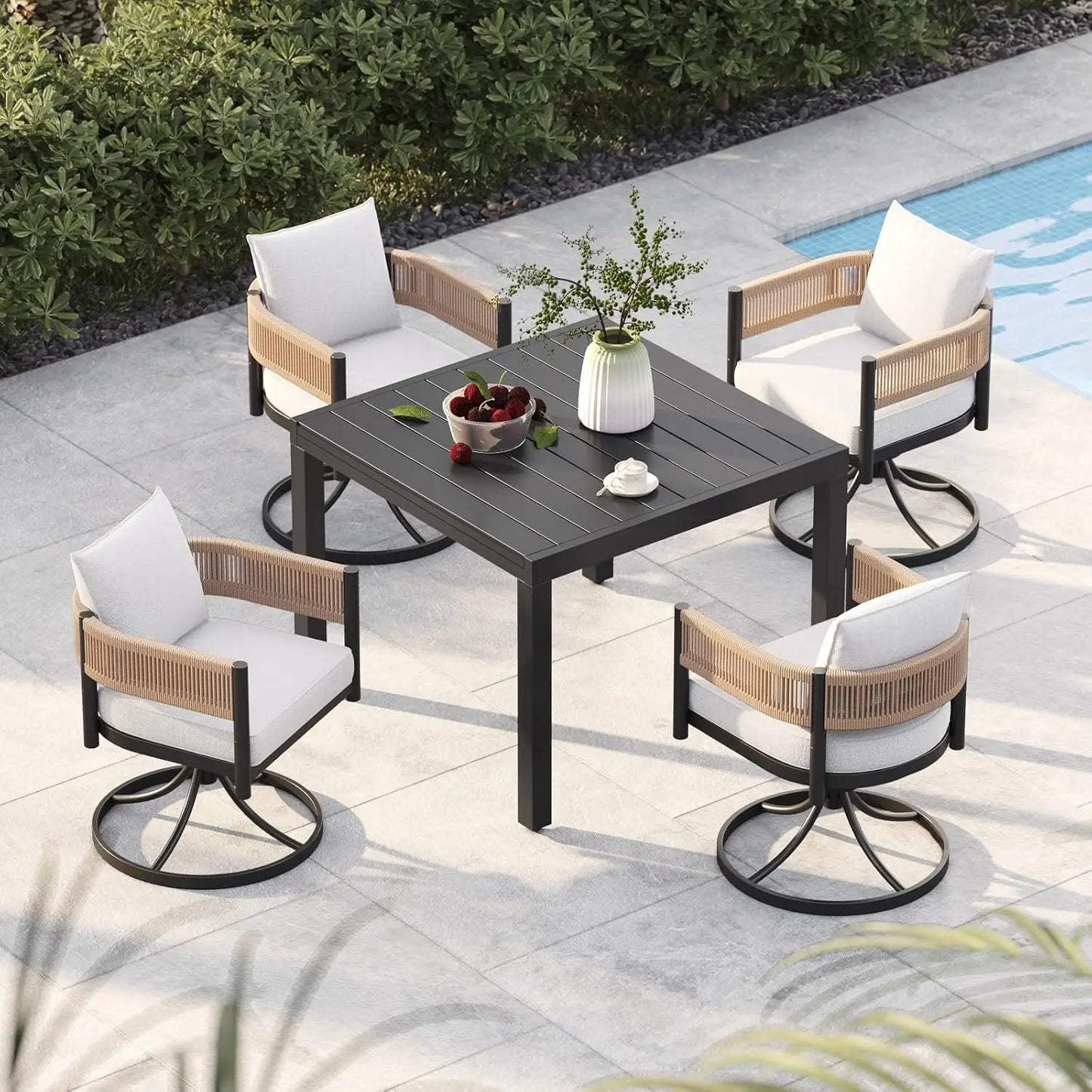 Outdoor Dining Set for 6, 7 PCS Patio Table and Chairs Set, Metal Woven Wicker Fixed Patio Chairs with Thickened Cushions & 1 R