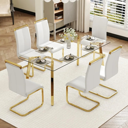 Modern Dining Table Set for 6,Glass Kitchen Table and Chairs,71''Gold Dining Room Table &Generous Legroom with 6 White