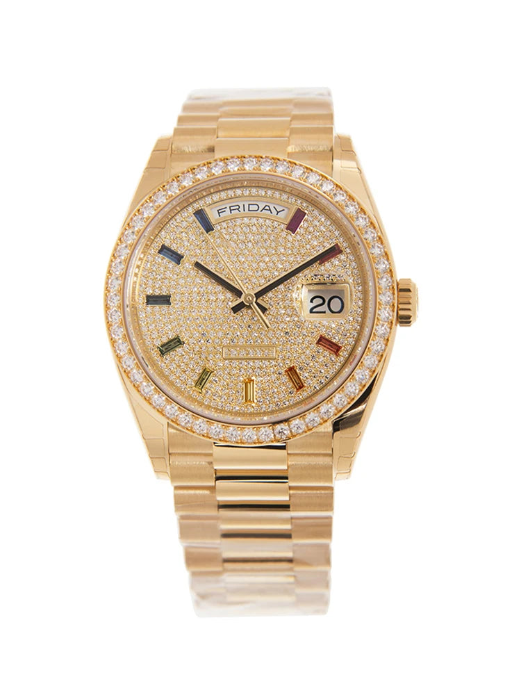 2026 Top Luxury Full Diamond Men's Gold Coloured Gemstone Automatic Mechanical Watch Hip Hop Business High End Vacations Watch