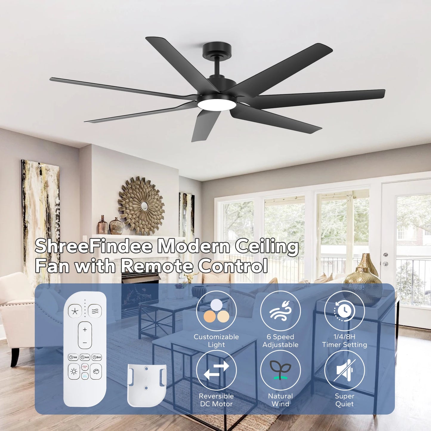 65inch Smart Ceiling Fan with Light and Remote/APP/Voice Outdoor Quiet Reversible DC Motor Fan 3CCT for Over 15*15ft to 18*18ft