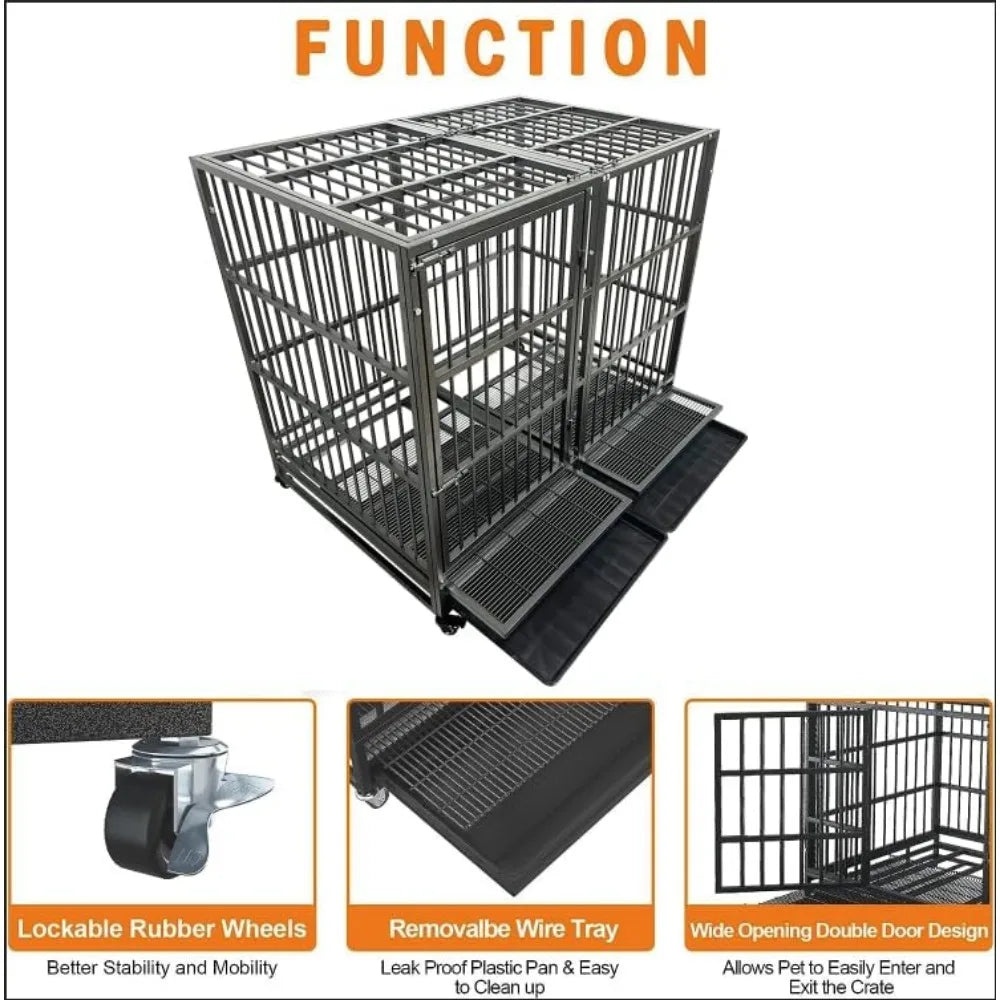Masterpiece 54/48/42/38 Inch Heavy Duty Dog Crate Cage With Wheels, Indestructible And Escape Proof Steel Kennel Indoor For Hig