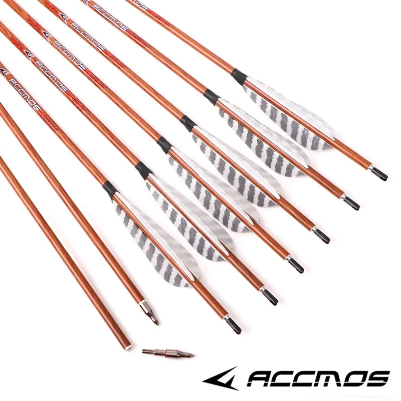 Wood Skin Carbon Arrows ID6.2 Spine 400 500 600 700 With 4" Real Feather for Longbow Recurve Bow 12pc