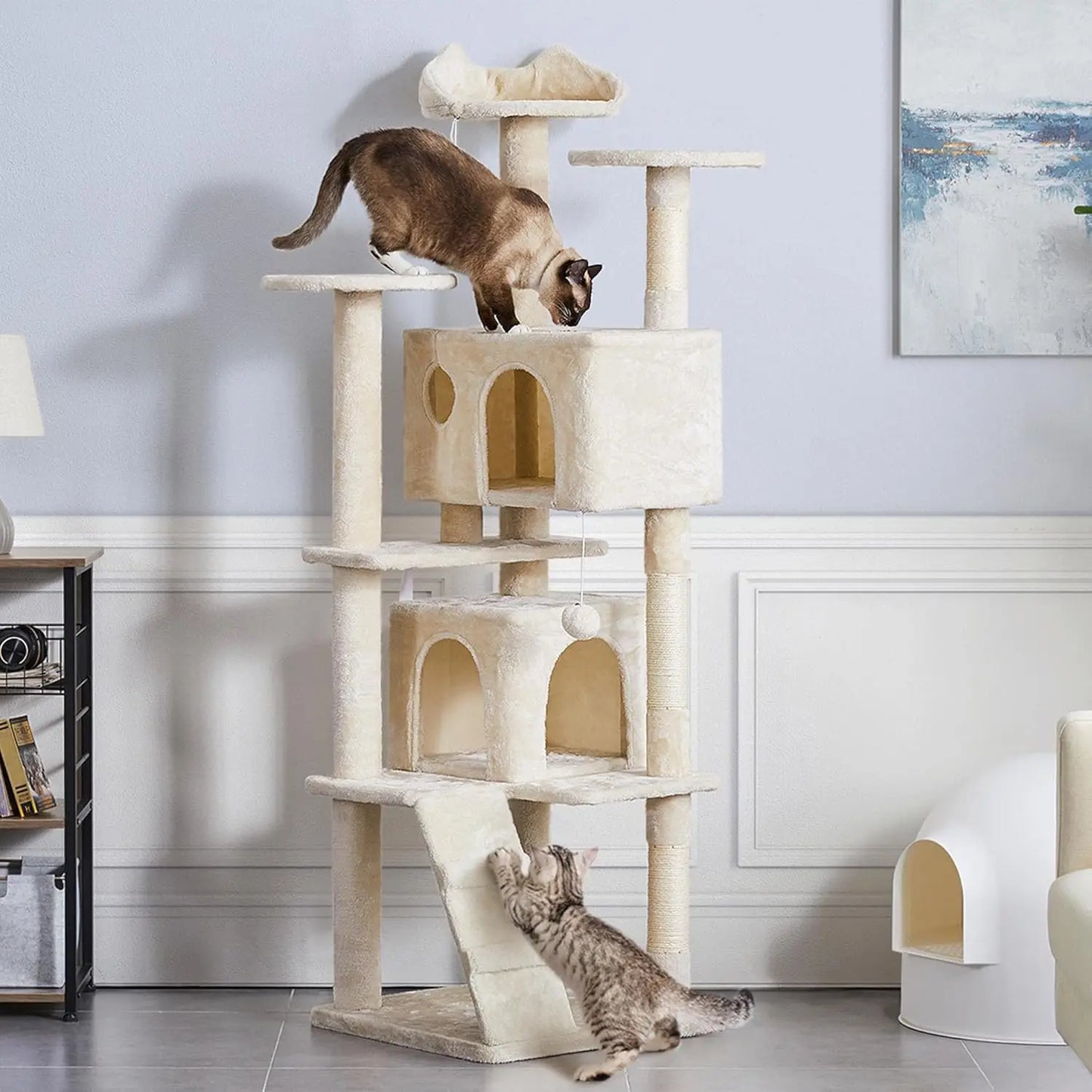54 Inch Cat Tree Tower for Indoor Cats, Multi-Level Cat House with Scratching Posts, Hammock & Hanging Toys, Heavy Duty