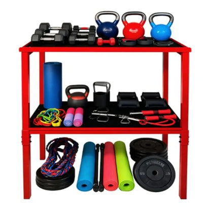Heavy Duty 2-Tier Fitness Storage Rack 850LB Dumbbell Kettlebell Yoga Organizer with 5MM Shock-Absorbing Mat No Drill Floor Sta