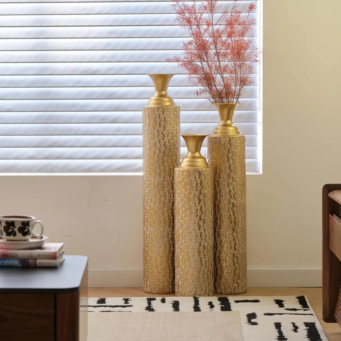 Gold Metal Vase Set of 3, Metallic Centerpiece Decorative Vases with Twigs Dried Flowers for Home Living Room32" H, 28" H, 24" H