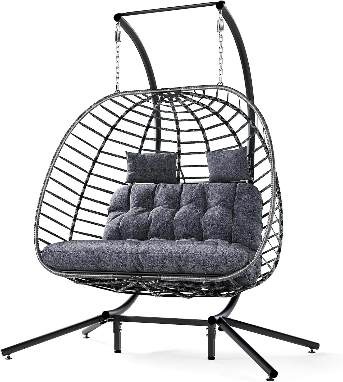 Double Egg Swing Chair with Stand, Outdoor Patio 2 Person Hanging Wicker Hammock Chairs with Cushion for Indoor Bedroom,