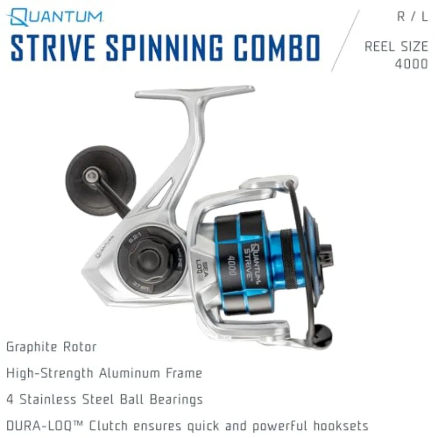 Strive Spinning Reel and Fishing Rod Combo Graphite Composite Blank 4+1 Bearings Silver Blue