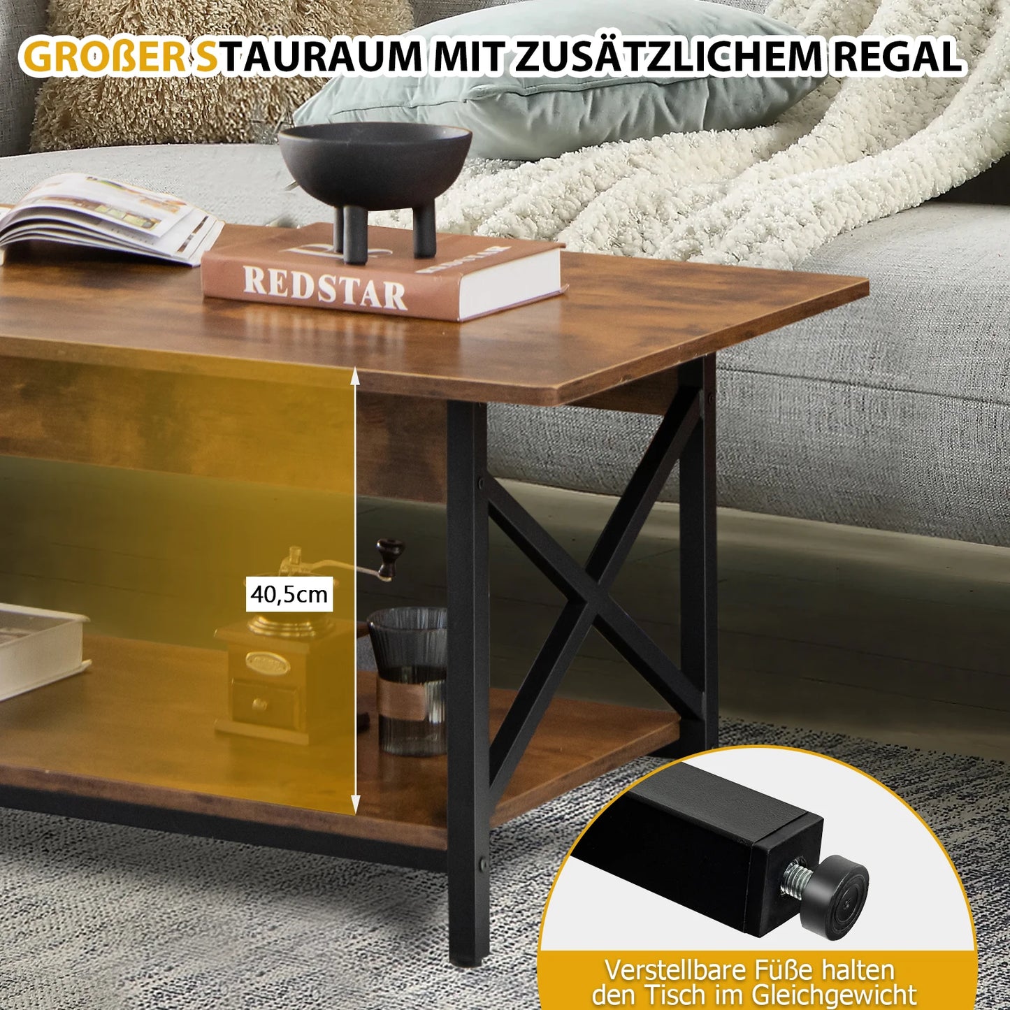 Coffee table coffee table with shelf, living room table, Sofa table for living room, 110x60x48 cm Rustic Brown