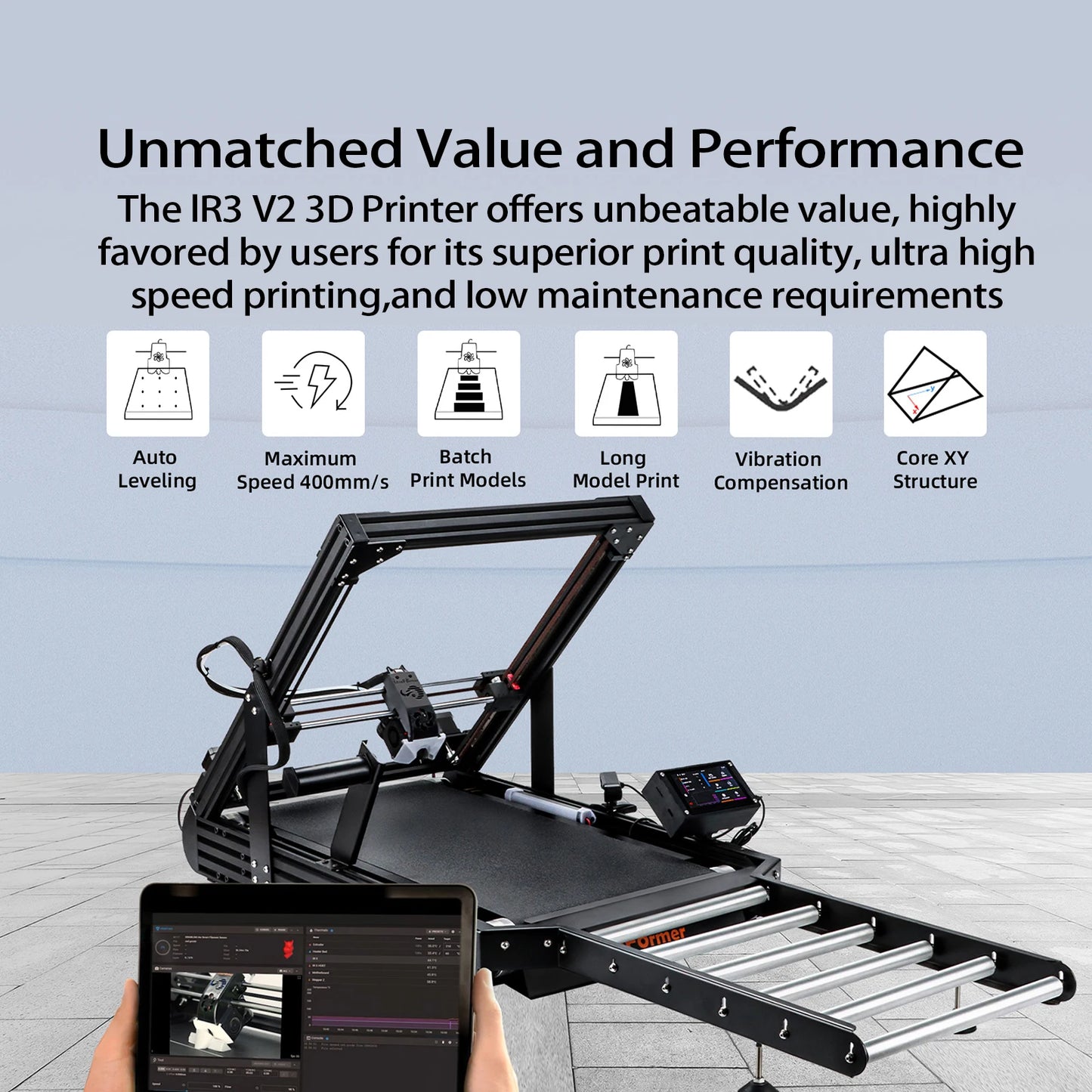 3D Printer IdeaFormer IR3 V2 Infinite Z-Axis Steel Conveyor Belt 250×250×∞mm With Extended Tray Klipper Firmware Auto Leveling