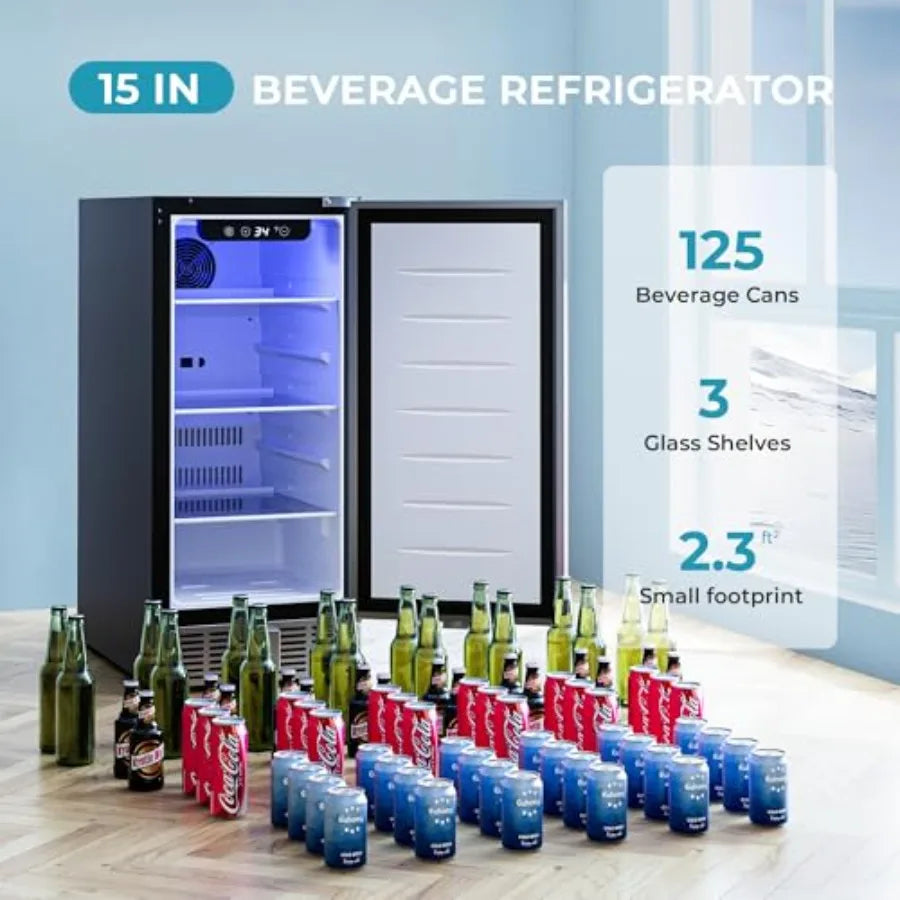 15 Inch Under Counter Beverage Refrigerator with Stainless Steel Door for Beer Wine Soda Builtin Drink Fridge Holds 125 Cans Id