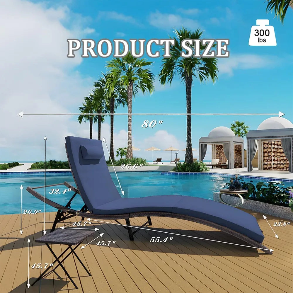 Outdoor 3-Piece Rattan Chaise Lounge Set with Folding Pool Chairs and Table for Patio