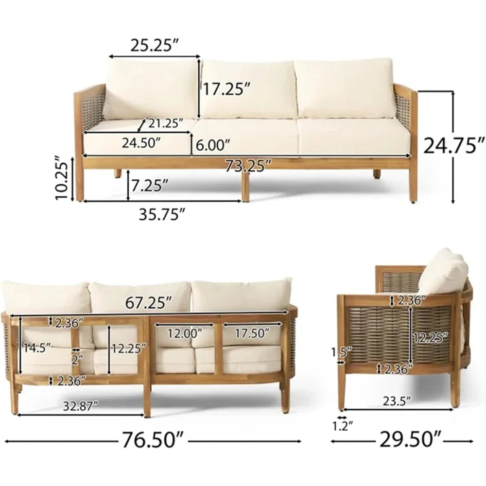 Outdoor Acacia Wood Wicker 3 Seater Sofa, Patio Furniture Conversation Set for Backyard