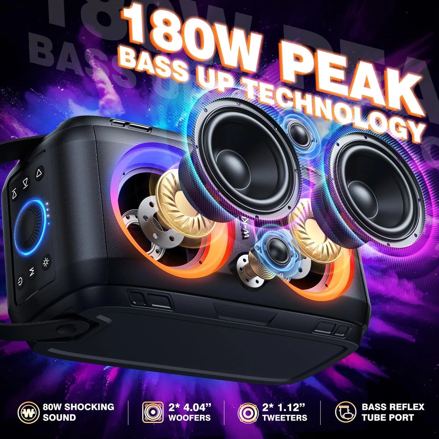 W-KING Portable Loud Bluetooth Speaker with Wireless Microphone*2, -2 Full Range Drivers/Deep Bass, 105dB Sound With Lights/IPX6