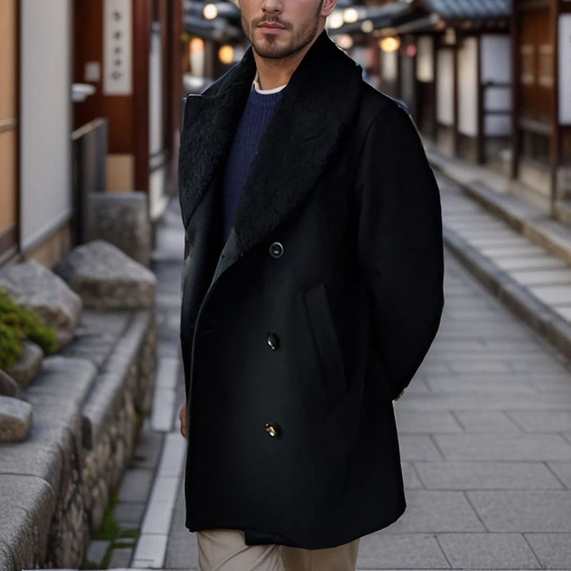 Stylish Men s Wool Pea Coat with Contrast Color Detail Double Breasted Design and Warm Long Sleeves - Perfect Winter Cardigan