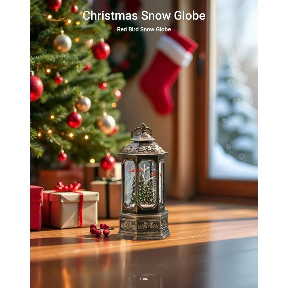 Illuminated Christmas Snow Globe with Glitter and Music, USB/Battery Powered, Featuring Cardinals in the Enchanted Forest