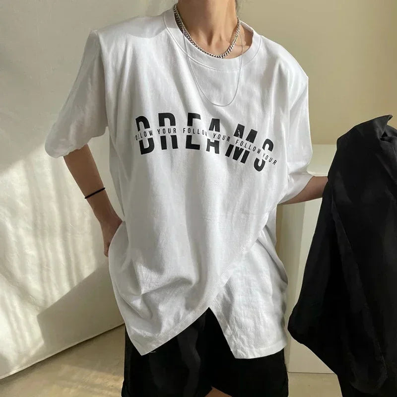 Korean Chic Versatile Niche Round Neck Loose Pullover Letter Print Asymmetrical Slit Design Short-Sleeved T-Shirt for Women
