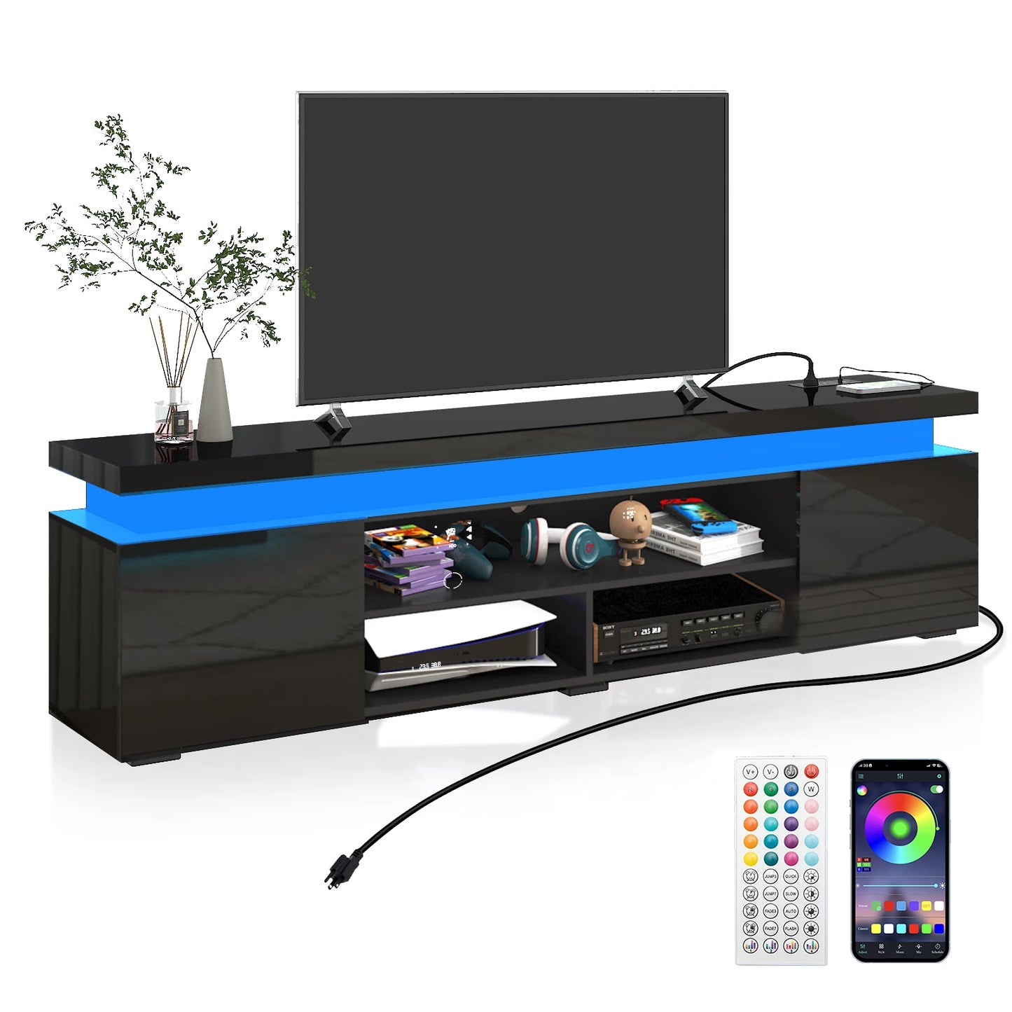 74'' LED TV Stand for Televisions up to 65'' Modern TV Cabinet with Power Outlet, High Gloss Entertainment Center with Storage