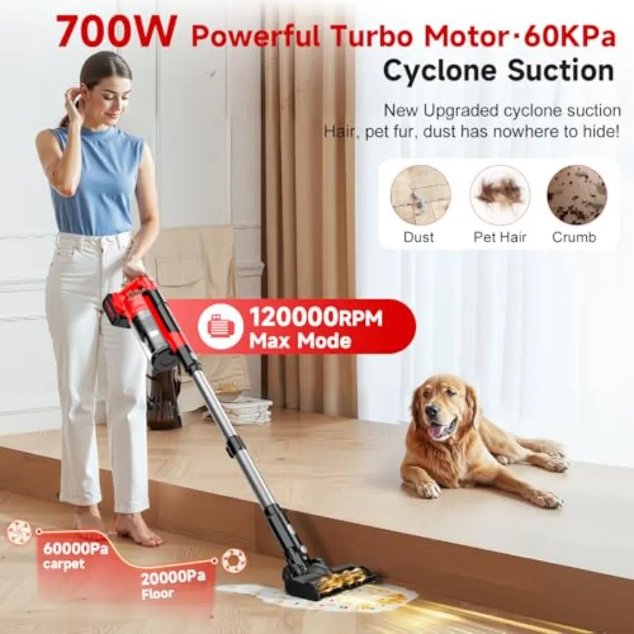 700W Cordless Vacuum Cleaner 2×4000mAh Brushless for Home 6 in 1 Lightweight Stick Vacuum 60kPa 3 Suction Modes Portable Handhe