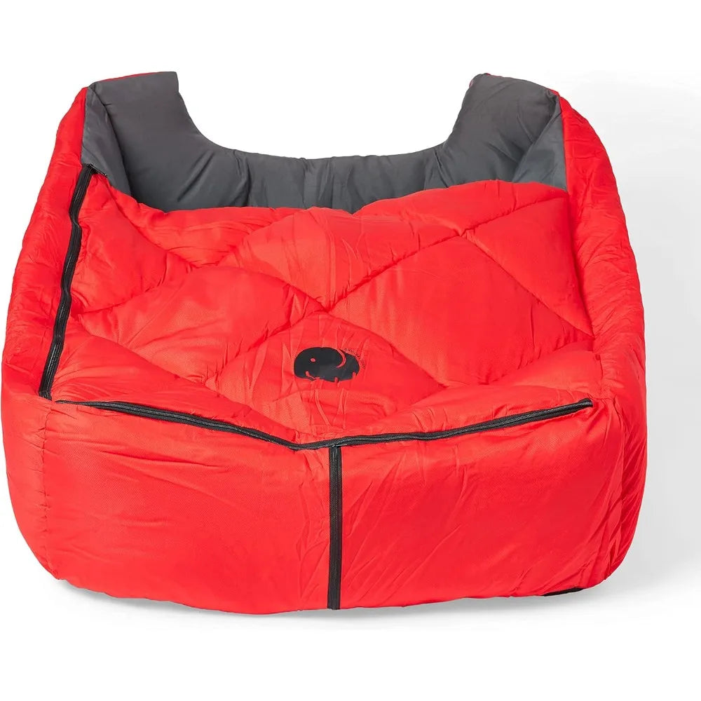 "large red travel pet sleeping bag with zippered cover for outdoor adventures"